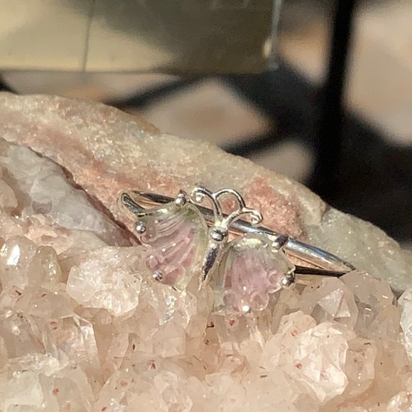 HAND CARVED WATERMELON TOURMALINE BUTTERFLY 925 STERLING SILVER RING, SIZE 7.75 - Picture 6 of 8